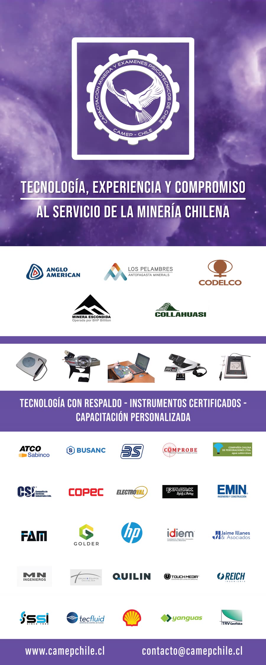 Pendón institucional CAMEP-Chile: tecnología, experiencia y clientes